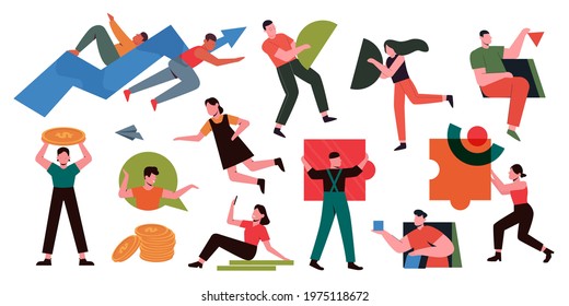 People collect, carry abstract geometric shapes vector illustration set. Cartoon woman man characters holding circular figures to organize diagram chart, modern geometry organization isolated on white