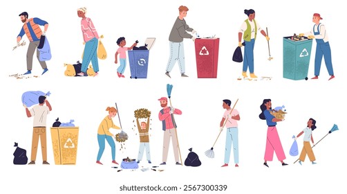 People collect garbage. Family sorting trash, cleanup litter volunteer help cleaning city park or beach, pick recycle or plastic waste in rubbish can set classy vector illustration original artwork