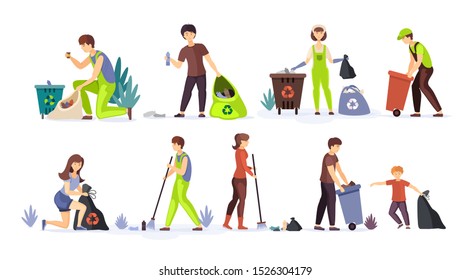 People collect garbage, plastic waste for recycling. Volunteers clean up household wastes raking sweeping put trash in bags and trash cans. Saving and protecting the environment from pollution vector