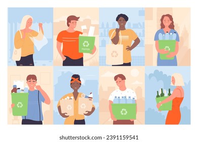 La gente recolecta basura para reciclar la ilustración vectorial establecida. Caricatura de personajes de ambos sexos portando cajas con símbolo de reciclaje y bolsas y botellas de plástico, cuidado y ambiente limpio de los residuos