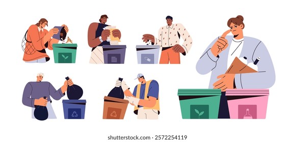 People collect garbage to recycle set. Characters separate trash by type in different containers. Men and women segregate, sorting rubbish in dumpsters. Flat isolated vector illustrations on white