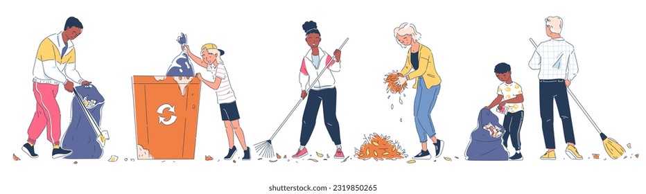 People collect garbage set. Volunteer characters picking up litter, sweeping, sorting plastic into trash containers. Adults and children clean nature. Linear flat vector isolated on white background