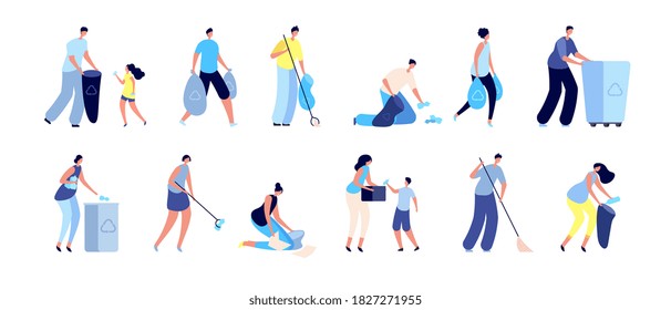 People collect garbage. Trash recycling, family with bin waste containers. Man woman cleaning separating trash, caring environment vector set