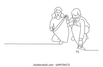 People collect garbage. Volunteers. Line drawing vector illustration.