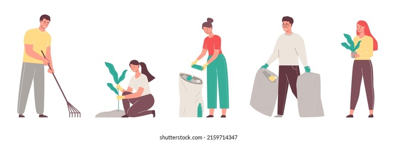 People collect garbage. Woman planting tree. Volunteers care about environment. Ecology. Vector illustration