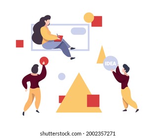 People collect geometrical forms. Women designer, teamwork leadership vector concept