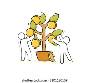 People collect gold coins from tree. Concept of business success with financial grow, economic profit, increase wealth. Vector hand drawn illustration of doodle men and plant with money