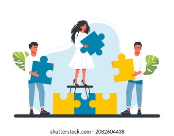 People collect a puzzle, a mosaic. Colleagues holding large puzzle pieces. A Successful partnership, communication, collaboration metaphor. Teamwork, business cooperation concept. Vector illustration
