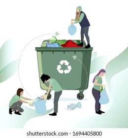 La gente recolecta y recicla basura. Residuos de vectores plásticos, ilustración de la limpieza ecológica, tiro voluntario y recolección de basura