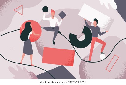 People collect scattered abstract geometric shapes teamwork vector illustration. Cartoon man woman team of characters holding circle square rectangle, working on business challenge together background