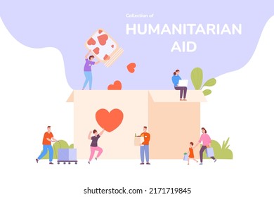 People collect social help. Volunteering community help humanitarean fundraising, working solidarity charity volunteer giving heart food in alms box vector illustration. Social volunteer and charity