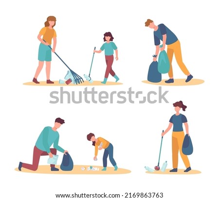 People collect trash and garbage, cleaning environment. Vector environment clean from trash and garbage illustration, ecology cleaning by volunteer,
