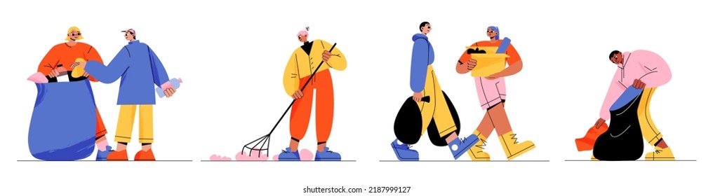 People collect trash, volunteers characters clean up rubbish and garbage for recycling. Ecology, nature protection, volunteering and social charity concept, Line art vector illustration isolated set