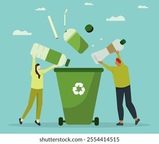 People collecting bottle and plastic trash into recycling garbage bin. Plastic recycling, reuse concept. Cartoon character volunteering to save earth on flat illustration. 