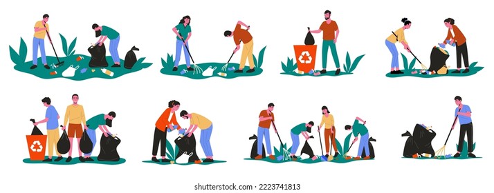 People collecting garbage. Cartoon volunteer characters cleaning up picking up litter rubbish, social humanitarian help concept. Vector isolated set. Protecting ecology from environmental pollution