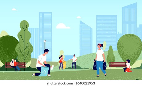 People Collecting Garbage In City Park. Volunteers Cleaning Environment Nature. Ecology And Clean Planet Vector Illustration