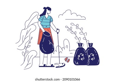 People collecting garbage concept in flat line design for web banner. Woman gathering trash in large bags for recycling, eco friendly modern people scene. Vector illustration in outline graphic style