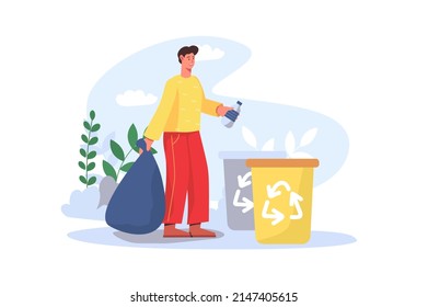 People collecting garbage concept in flat design. Man picking plastic bottles and other rubbish, sorts it and throws it into different bins for recycling. Vector illustration with people scene for web
