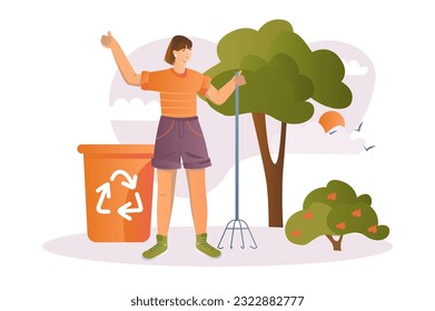 People collecting garbage concept with people scene in the flat cartoon design. The girl cleans the yard from garbage. Vector illustration.