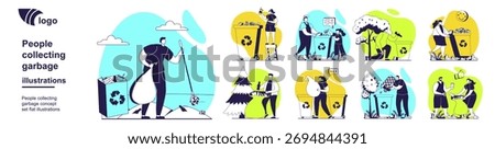 People collecting garbage concept set for web design. Collection of scenes with volunteers picking waste, sorting trash into separate bins for recycling, protecting ecology. Vector illustration.