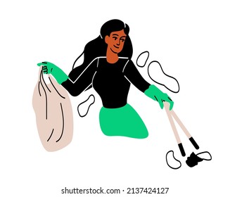 People collecting garbage. Girl puts waste into bag with chopsticks. Character picks up discarded bottle. Dirty streets, cleaning and environmental event, activist. Cartoon flat vector illustration