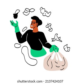 People collecting garbage. Man in gloves puts waste in bag. Street cleaner, activist and volunteer. Character takes care of cleanliness of city and environment. Cartoon flat vector illustration