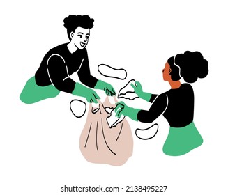 People collecting garbage. Man hands bag of waste to woman. Joint work to protect environment, activists and volunteers. Caring for future of plant, global problems. Cartoon flat vector illustration