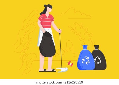 Gente recolectando basura concepto moderno y plano. Mujer con palo recogiendo basura en el parque y la recoge en bolsas para reciclaje y reutilización. Ilustración vectorial con escena humana para diseño de banners web