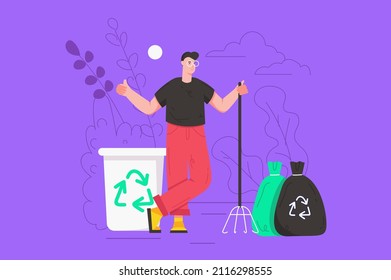 Gente recolectando basura concepto moderno y plano. El hombre limpia la basura al aire libre y la recoge en bolsas y en papelera para su reciclado y reutilización. Ilustración vectorial con escena humana para diseño de banners web