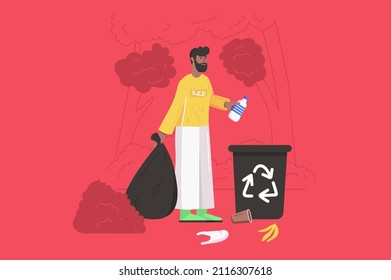 People collecting garbage modern flat concept. Man with waste bag gathering garbage at park and throwing plastic bottle into recycling bin. Vector illustration with human scene for web banner design