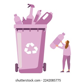 People collecting garbage modern flat concept. Young woman throws plastic bottle into special recycling bin. environmental protection