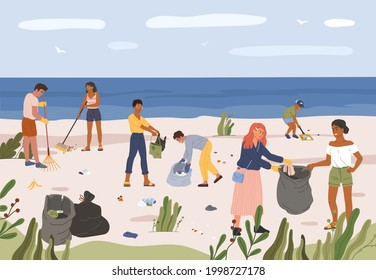 People Collecting Garbage On Beach. Men And Women Gathering Plastic Waste In Trash Bags. Volunteers Picking Up Trash At Seaside Vector Illustration. Sand Coast Pollution, Activists Help