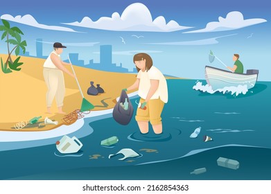 People collecting garbage on beach concept in flat cartoon design. Men and women picking up trash to bags, volunteer on boat gathering waste in water. Vector illustration with people scene background