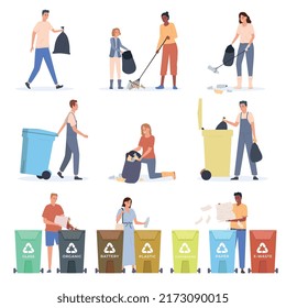 Gente recolectando basura y clasificando residuos de forma plana conjunto aislado de ilustraciones vectoriales