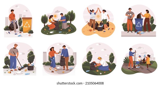 Menschen sammeln Müllwebkonzept in flachem Design. Männer, Frauen und Kinder, die Müll auf der Straße oder in der Natur reinigen, Abfälle in Recycling-Mülleimer der modernen Szene sammeln und sortieren. Vektorgrafik.