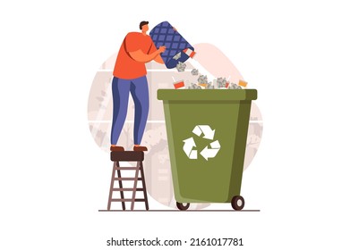 People collecting garbage web concept in flat design. Man gathering waste and throwing trash in recycling container. Eco activism and environmental protect. Vector illustration with characters scene