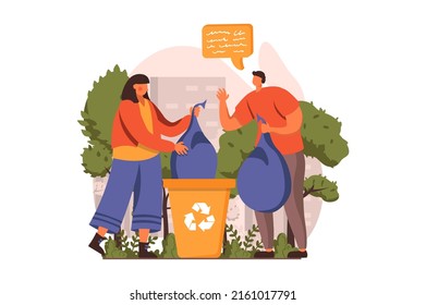 People collecting garbage web concept in flat design. Man and woman gathering waste in bags at city park, sorting trash into containers for recycling. Vector illustration with characters scene