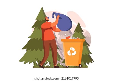 People collecting garbage web concept in flat design. Man gathering plastic and other waste in bag at forest, sorting trash into containers for recycling. Vector illustration with characters scene