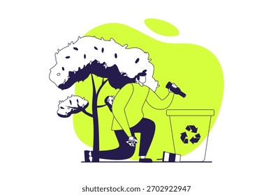 Personas recolectando el concepto de Web de basura con personas planas para el diseño de Sitios web. Hombre recogiendo residuos en el contenedor de eliminación para su clasificación y reciclaje, limpieza en el parque, desarrollo de hábitos ecológicos. Ilustración vectorial.