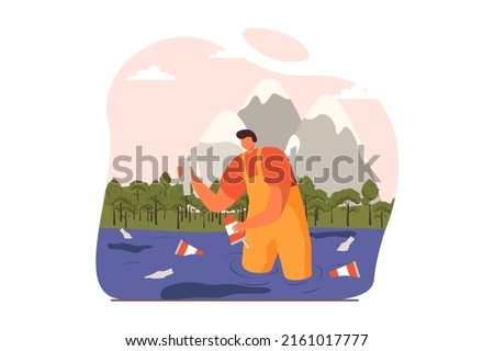 People collecting garbage web concept in flat design. Man gathering waste in sea standing in dirty water. World ocean pollution and environmental protection. Vector illustration with characters scene