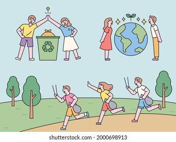 Gente recolectando y llevando cinco para reciclar. Personas paradas con la Tierra en el medio. Gente trotando y recogiendo basura. estilo de diseño plano ilustración vectorial mínima.