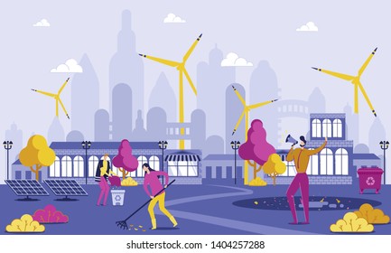 People Collecting Leaves Flat Vector Illustration. Volunteer Characters Sweeping. Clean Ecology. Concept Environmental Protection and Recycling. Wind Turbines or Generators and Solar Panels.