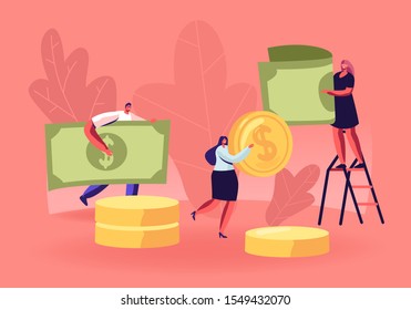 People Collecting and Saving Money Concept. Tiny Male and Female Characters Carry Huge Dollar Coins and Banknotes. Financial Success, Responsibility and Literacy. Cartoon Flat Vector Illustration