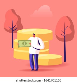 People Collecting and Saving Money Concept. Male Character Holding Huge Dollar Banknote Stand near Golden Coins Pile. Financial Success, Economy and Wealth in Business. Cartoon Vector Illustration