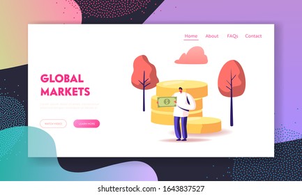 People Collecting and Saving Money Website Landing Page. Man Holding Dollar Banknote near Golden Coins Pile. Financial Success, Economy and Wealth Web Page Banner. Cartoon Flat Vector Illustration