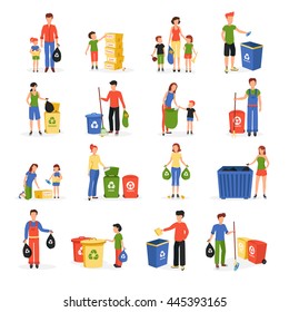 People collecting and sorting waste for recycling and reuse flat icons collection abstract isolated vector illustration 