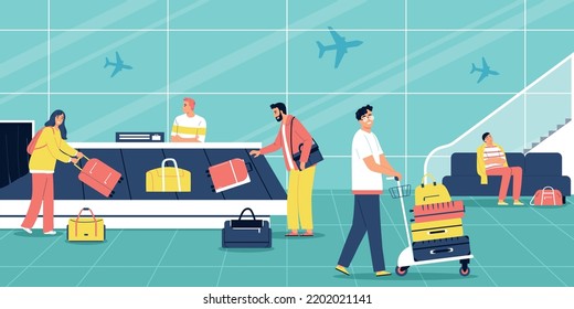 People collecting their suitcases at baggage carousel at airport flat vector illustration