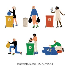 People collecting and throwing garbage into trash cans set. Male and female characters caring about nature cartoon vector illustration