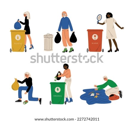 People collecting and throwing garbage into trash cans set. Male and female characters caring about nature cartoon vector illustration