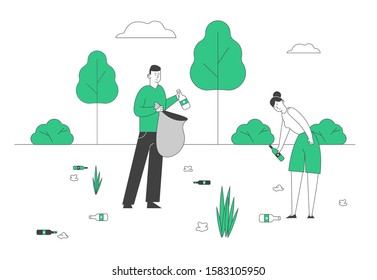 People Collecting Trash into Bag. No Plastic Pollution, Save Nature Concept. . Volunteers Clean Up Wastes and Garbage in Park. Ecology Environment Protection. Flat Vector Illustration, Line Art